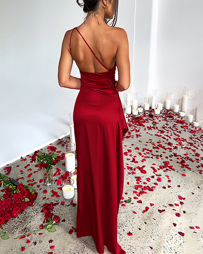 Women's Sexy One Shoulder High Split Cocktail Wedding Party Slit Satin Maxi Dress